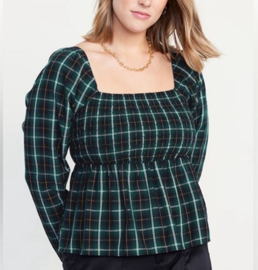 Old‎ Navy Smocked Green Tartan Plaid Long Sleeve Blouse Size XXL